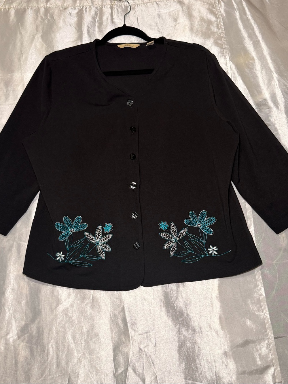 Bechamel Y2K Button-Up Black With Blue Embroidery Sweater Women Sz L Gramma Core